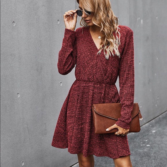 🍁🆕V Neck Long Sleeve Fall Dress Wine - Picture 5 of 7